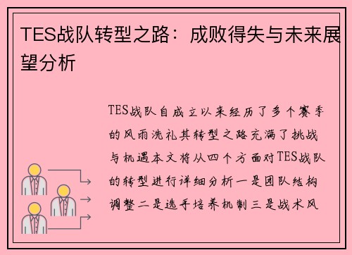 TES战队转型之路：成败得失与未来展望分析